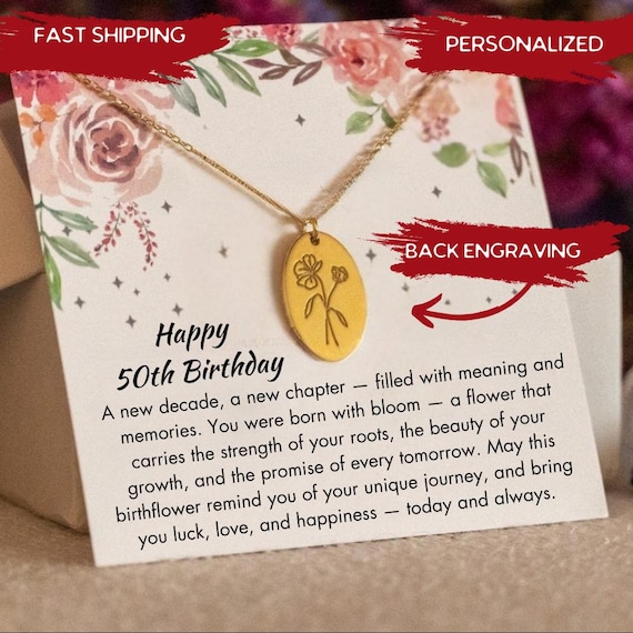 50th Birthday Silver Birthflower Necklace, Women 50th Birthday Jewelry,  Friend turning 50 Gift for Women
