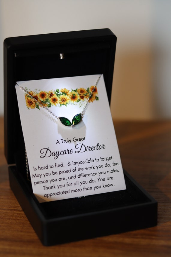 Unique Daycare Director Necklace Gift, Silver Emerald Gemstone Necklace with LED Light Jewelry Box, Dainty Emerald Necklace Gift,