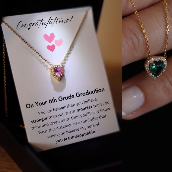 6th Grade Graduation Heart Necklace, 6th school grad Necklace Birthstone Heart Necklace, School Grad Jewelry, Silver Necklace for Graduation