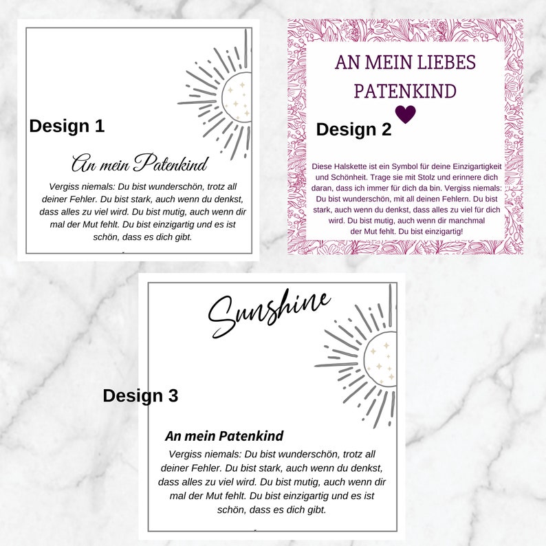 Op de afbeelding: Drie verschillende ontwerpen voor een ketting met een zonmotief en de tekst "An mein Patenkind", wat "Aan mijn petekind" betekent. De tekst bevat een boodschap over uniekheid, kracht en moed.