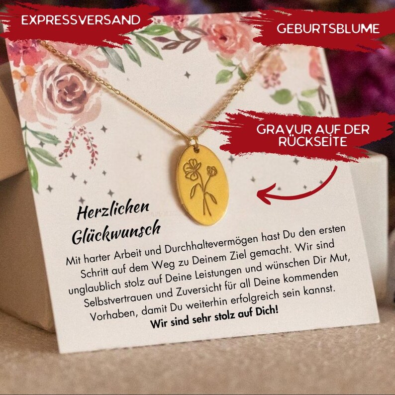 Puede incluir: Collar dorado con un colgante ovalado con un dise&ntilde;o floral, presentado en una tarjeta con decoraciones florales y texto en alem&aacute;n. La tarjeta dice "Herzlichen Gl&uuml;ckwunsch".