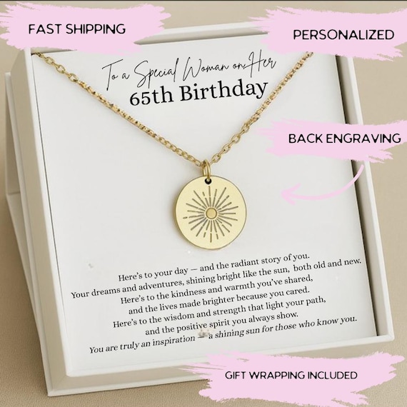 65th Birthday Gift for Woman, 65 Year Old Jewelry, Meaningful 65th Birthday Present, 65th Birthday Sun Necklace with Back Engraving