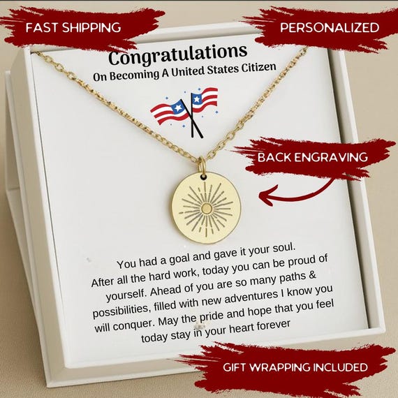 New American Citizen Necklace,  New US Citizen Gift American Naturalization Ceremony Gift, Personalized Immigrant Citizenship Congratulation