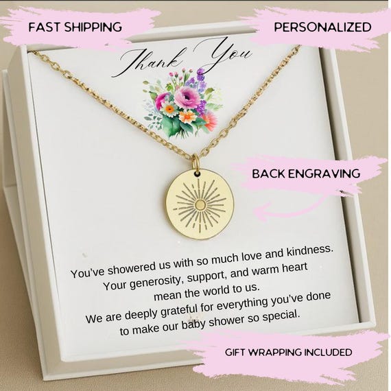 Personalized Baby Shower Hostess Necklace Gift, Baby Shower Hostess Gift, Baby Boy Hostess Thank You Gift, Baby Girl Hostess Sun Necklace