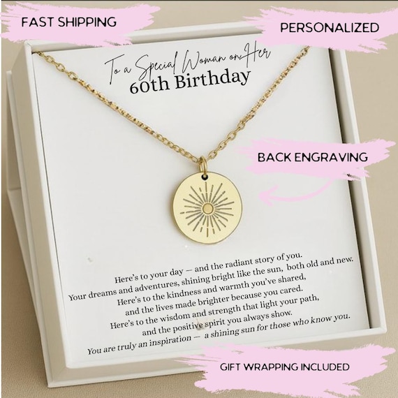 60th Birthday Gift for Woman, 60 Year Old Jewelry, Meaningful 60th Birthday Present, 60th Birthday Sun Necklace with Back Engraving