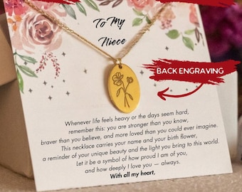 May include: Gold-colored necklace with an oval pendant featuring a floral design. The necklace is displayed on a card with text that reads "To My Niece" and a heartfelt message. The card has a floral design.