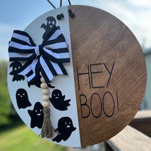 Ghost &quot;Hey Boo&quot; Halloween Decor, Holiday Wreath, Ghost Door Sign, Spooky Home