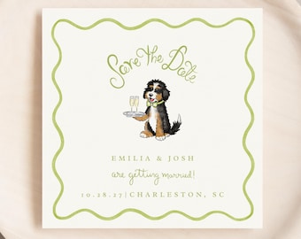 Watercolor Bernedoodle Dog Save The Date Invitation, Bernese Mountain Dog Invite, Fun Whimsical Watercolor Wedding Invite, Square Invitation
