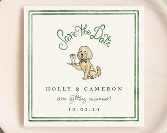 Watercolor Doodle Dog Save The Date Invitation, Dog Save The Date Invite, Fun Watercolor Wedding Invite, Square Save The Date Invitation