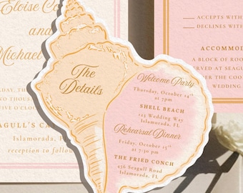 Conch Shell Details Card Template, Cut Out Shell Card for Wedding Invitation, RSVP Card, Welcome Party, Rehearsal Dinner, Elegant, Coastal