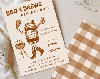 May include: A light brown and white checkered pattern card with a light brown invitation card on top. The invitation card has a cartoon illustration of a beer can with legs wearing cowboy boots and holding a chicken leg. The text on the invitation card reads "BBQ & Brews Before I Do's" and "Join us for a couples shower! Honoring Emma & Hunter August 11th, 20XX @ 3PM 555 Barbecue Lane, Austin, TX Registered at bridalregistry.com"