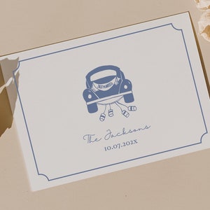 Modèle de carte de remerciement Just Married, vieille voiture rétro avec des canettes, carte de remerciement modifiable pour mariage, carte postale de mariage de remerciement imprimable