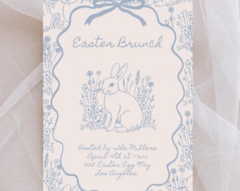 May include: A light blue invitation card with a white background and a border of blue floral designs. The card features a blue bunny illustration and the text "Easter Brunch", "Hosted by The Millers", "April 10th at 11am", "sss Easter Egg Way", and "Los Angeles".