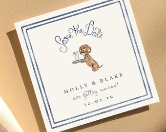 Watercolor Dachshund Dog Save The Date Invitation, Dog Save The Date Invite, Fun Watercolor Wedding Invite, Square Save The Date Invitation