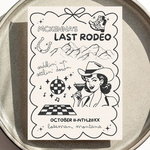 Plantilla de invitación para despedida de soltera en Montana, invitación con temática del oeste, itinerario de viaje a Bozeman, despedida de soltera de vaquera y vaquera, último rodeo