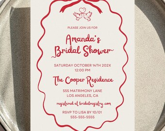 Bridal Shower Invitation Template, Red Bow Squiggle Wave Border Invite, Trendy Bridal Shower Invite, Editable & Printable Cute Shower Invite