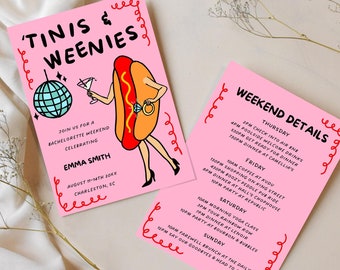 Tinis and Weenies Bachelorette Invitation Template, Printable Invite for Bachelorette, Editable Itinerary, Trendy Invite, Weenies and Tinis