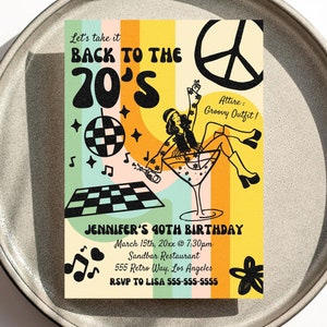70er Jahre Geburtstagseinladung, zurück in die 70er Jahre, Kostümparty einladen, Retro Groovy Disco Hippie, bearbeitbare Einladung, 70er Party