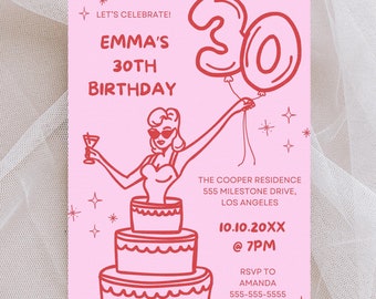 Uitnodiging 30e verjaardagsfeestje, bewerkbare verjaardagsuitnodiging, gepersonaliseerde 30e verjaardagsuitnodiging, roze en rode uitnodiging, trendy leuke uitnodigingskaart