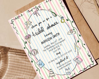 Whimsical Watercolor Bridal Shower Invitation, Striped Bridal Shower Invite, Coquette Watercolor Invitation Template, Editable and Printable