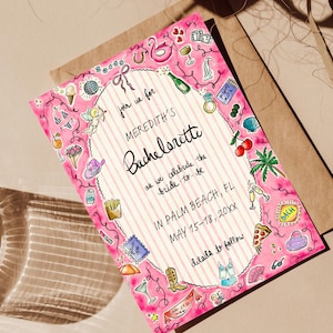 K&ouml;nnte beinhalten: Rosa Einladung f&uuml;r einen Junggesellinnenabschied mit Illustrationen. Enth&auml;lt den Text "Meredith's Bachelorette" und Veranstaltungsdetails f&uuml;r Palm Beach, FL, 15.-18. Mai 20XX.