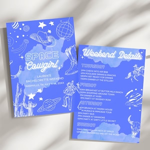 Space Cowgirl Einladung Vorlage, Bachelorette Reiseplan Karte, bearbeitbar und druckbar, Disco Cowgirl, Himmlisches Raum Thema, glitzernde Cowgirl