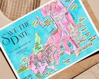 Aquarel huwelijksuitnodiging, bewaar deze datum uitnodigen, kleurrijke kaart van Newport, Rhode Island kaart uitnodiging, handgetekende, afdrukbare en bewerkbare