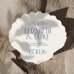 Plantilla de invitación con concha marina para guardar la fecha, invitación recortada con concha marina, elegante invitación de boda en la playa, invitación editable, imprimible