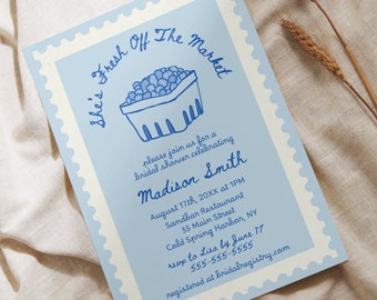 Fresh Off The Market Bridal Shower Invitation Template, Farmer's Market Theme, Printable Blue Invitation, Editable Invitation, Fruit Theme