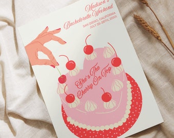 She's The Cherry On Top Bachelorette Party Invitation Template | Cherry Theme | Editable Bach Itinerary | Canva Templates | 2024 2025 Bride