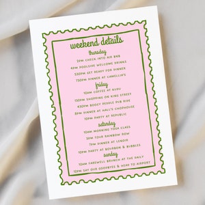 May include: A pink and green illustrated checklist of weekend activities. The text reads "weekend details" and lists activities for Thursday, Friday, Saturday, and Sunday.