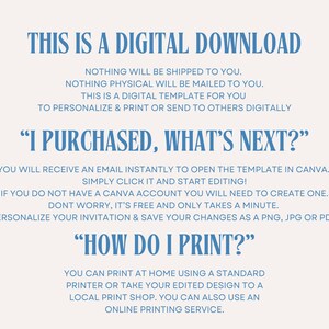 May include: A blue and white text graphic with the text "This is a digital download" and instructions on how to use the digital template. The text also says "I purchased, what's next?" and "How do I print?"