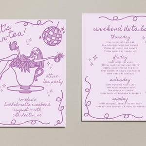 May include: A purple and white illustrated invitation for a bachelorette weekend in Charleston, South Carolina. The invitation features a cartoon woman in a teacup with a disco ball and the text "Let's Partea!" and "Amelia's Bachelorette Weekend August 11-15th Charleston, SC". The back of the invitation lists the weekend's schedule, including activities like yoga, shopping, and dinner.