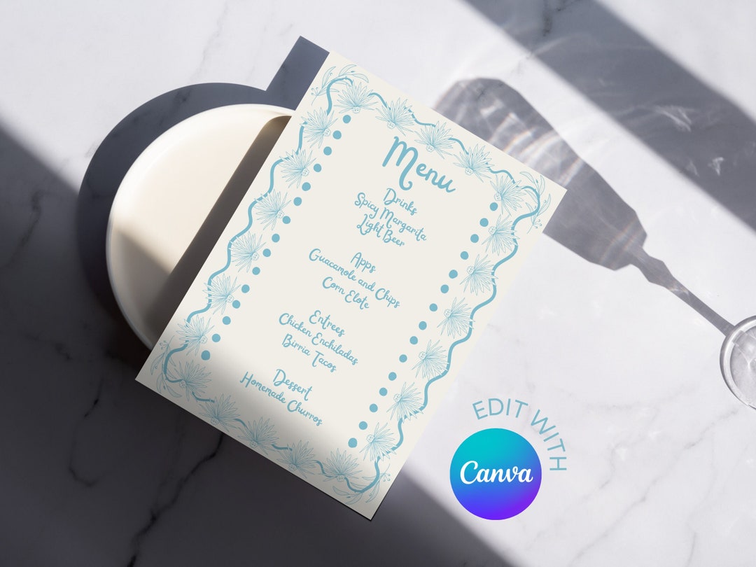 Editable Menu Template DIY Menu Template Dinner Party Menu Light Blue ...