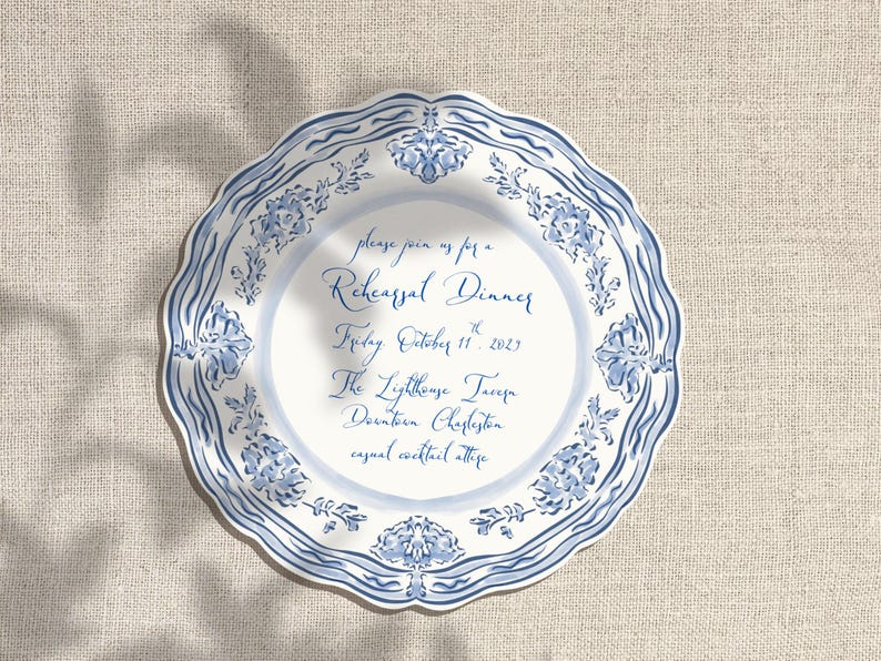 Decorative Plate Details Card Template, Cut Out Card for Wedding Invitation, RSVP Card, Welcome Party, Rehearsal Dinner, Blue and White image 3