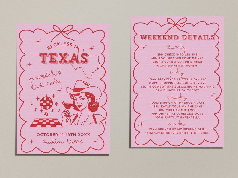 Texas Bachelorette Itinerary Invitation Template, Austin Bachelorette