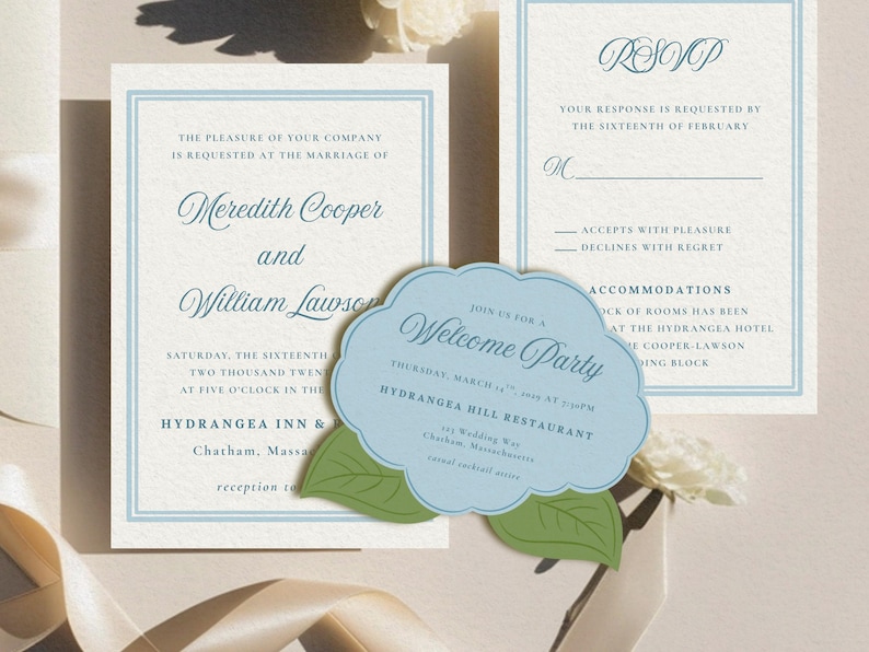 May include: Elegant wedding invitation suite featuring a main invitation, RSVP card, and a welcome party announcement. The invitations have a light blue border and text, with a cloud-shaped welcome party card with green leaf accents. The suite includes the names Meredith Cooper and William Lawson.