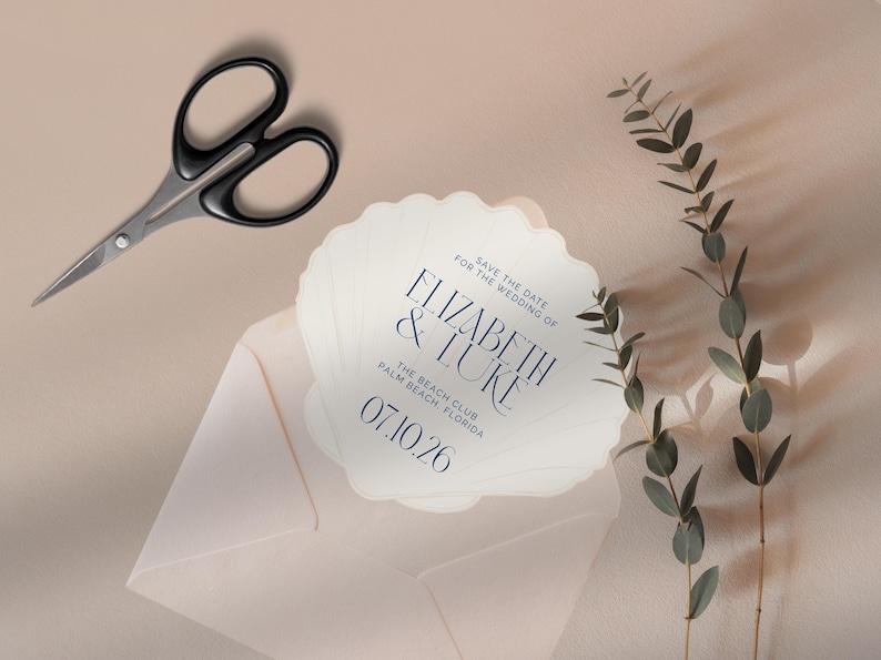 May include: Save the date card shaped like a seashell with the text "Save the date for the wedding of Elizabeth & Luke The Beach Club Palm Beach Florida 07.10.26"