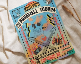Farewell Tour Bachelorette Itinerary Invitation, Bach Tour Rock Band Poster Party Invite, Skull Guitar Colorful Printable Editable Invite