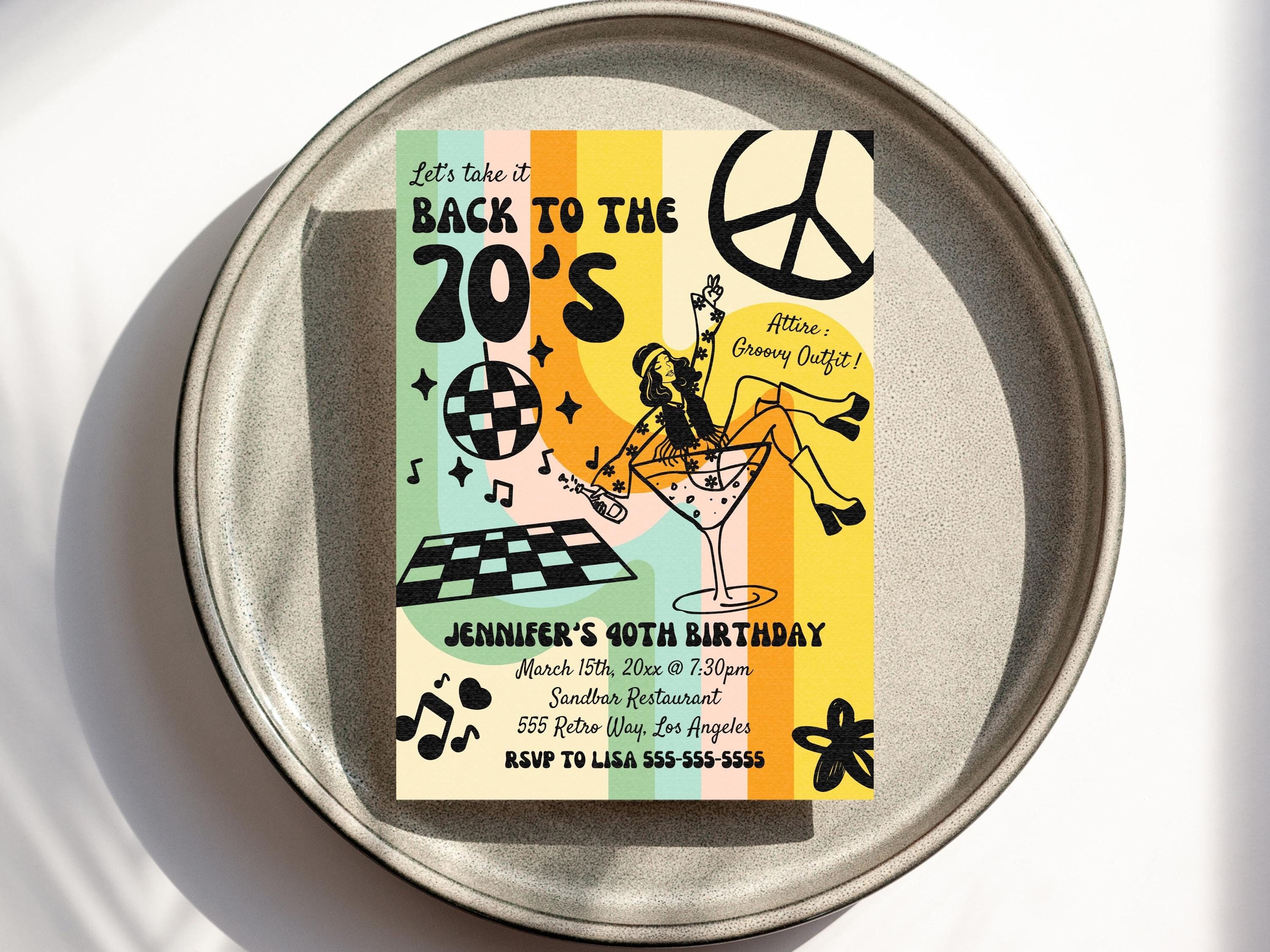 Uitnodiging voor verjaardagsfeestje 70's, terug naar de jaren 70, jaren zeventig kostuum feestuitnodiging, retro groovy disco hippie, bewerkbare uitnodiging, feest 70's