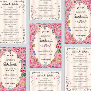 K&ouml;nnte beinhalten: Rosa und wei&szlig; gestreifte Einladungskarten f&uuml;r einen Junggesellinnenabschied mit Aquarellillustrationen von Cocktails, Schuhen und anderen Party-Grafiken. Die Einladungen enthalten den Text "Meredith's Bachelorette" und Eventdetails.