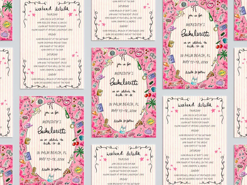 K&ouml;nnte beinhalten: Rosa und wei&szlig; gestreifte Einladungskarten f&uuml;r einen Junggesellinnenabschied mit Aquarellillustrationen von Cocktails, Schuhen und anderen Party-Grafiken. Die Einladungen enthalten den Text "Meredith's Bachelorette" und Eventdetails.