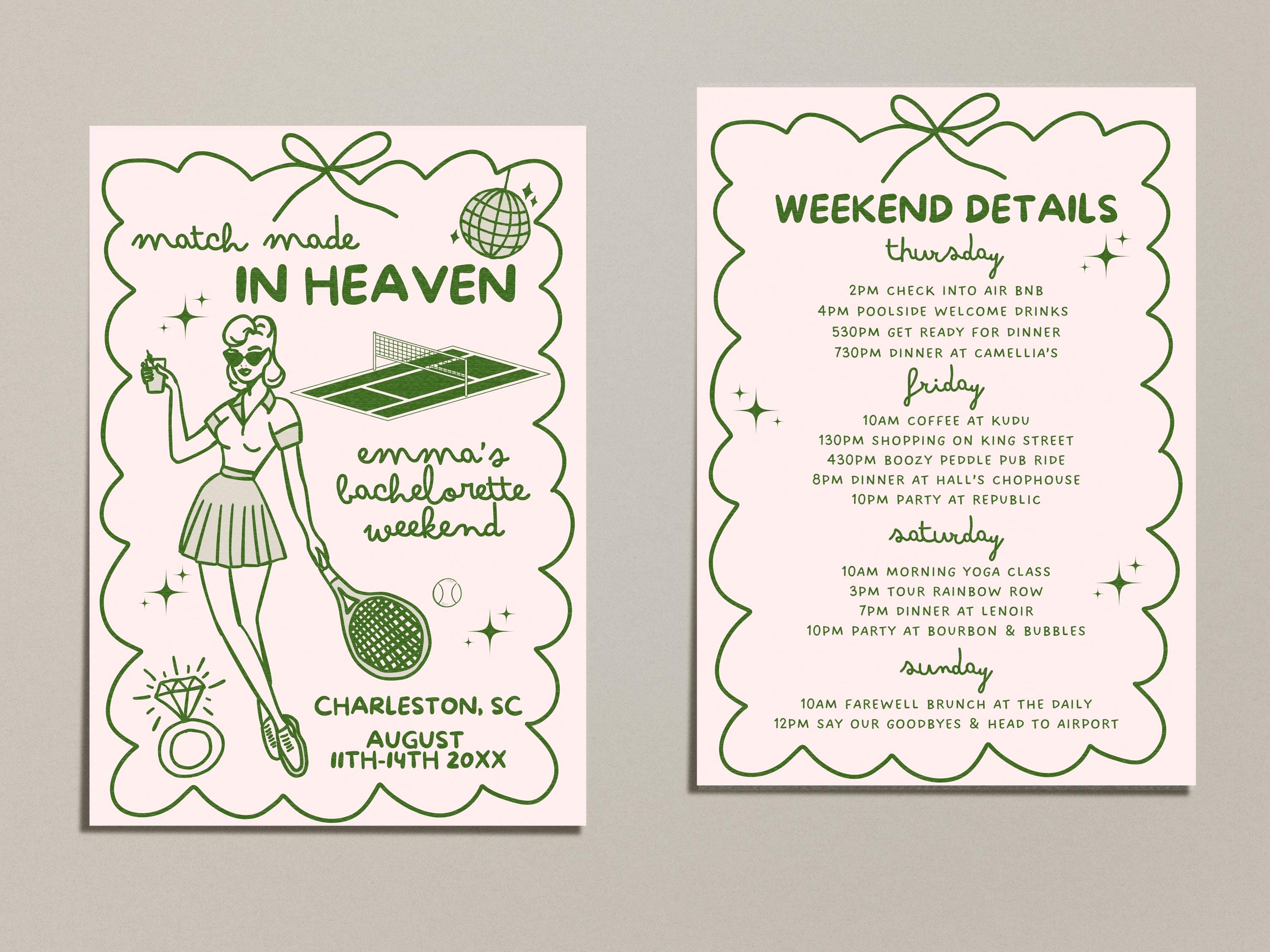 Match Made in Heaven Invitation, Tennis Bachelorette, Editable Girls Trip  Itinerary, Pink Green Preppy Invite, Last Swing Before the Ring - Etsy