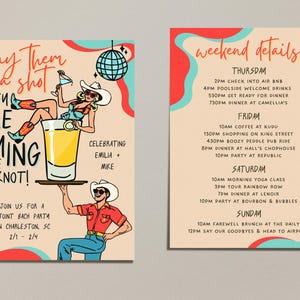 May include: A two-sided invitation for a joint bachelorette party in Charleston, SC. One side features illustrations of a couple with the text "Buy them a shot, they are tying the knot!" The other side lists weekend details.