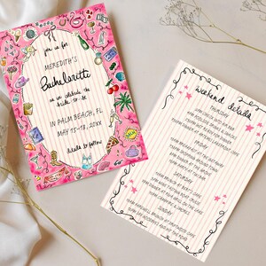 K&ouml;nnte beinhalten: Rosa Aquarell-Junggesellenabschiedseinladung und Reiseroute. Die Einladung zeigt den Text "Meredith's Bachelorette" mit dekorativen Illustrationen. Die Reiseroute listet die Wochenenddetails, einschlie&szlig;lich Aktivit&auml;ten und Zeiten.