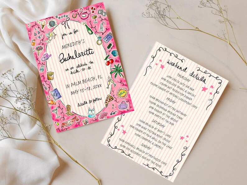 K&ouml;nnte beinhalten: Rosa Aquarell-Junggesellenabschiedseinladung und Reiseroute. Die Einladung zeigt den Text "Meredith's Bachelorette" mit dekorativen Illustrationen. Die Reiseroute listet die Wochenenddetails, einschlie&szlig;lich Aktivit&auml;ten und Zeiten.