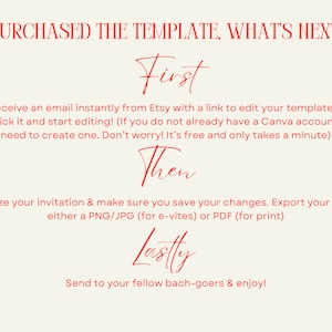 May include: Red text on a beige background with the words "I purchased the template, what's next?" followed by a step-by-step guide on how to edit and personalize a template in Canva.