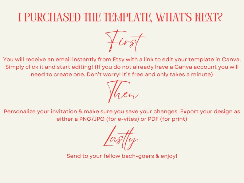 May include: Red text on a beige background with the words "I purchased the template, what's next?" followed by a step-by-step guide on how to edit and personalize a template in Canva.