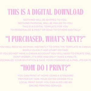 May include: Pink text on a white background with the text "This is a digital download". The text explains that the purchase is a digital template that can be personalized and printed or sent to others digitally. The text also explains how to access the template and how to print it.