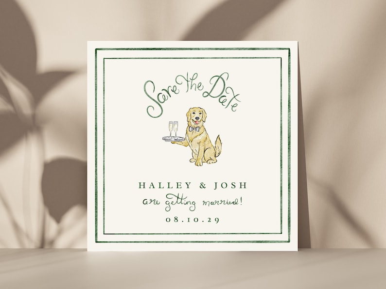 Watercolor Golden Retriever Dog Save The Date Invitation, Dog Save The Date Invite, Fun Watercolor Wedding Invite, Hand Drawn Invite, Square image 2